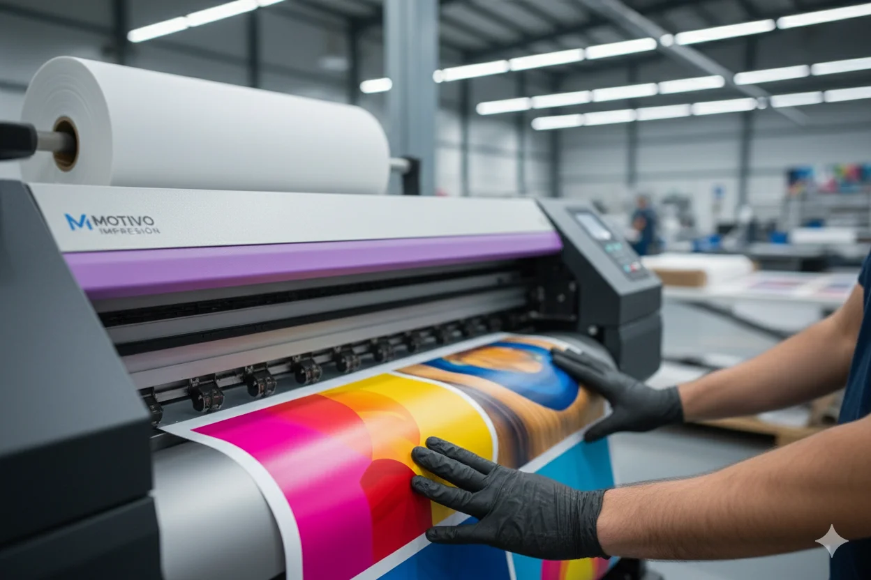 Proceso de impresión digital profesional con maquinaria de alta calidad en Motivo Impresión