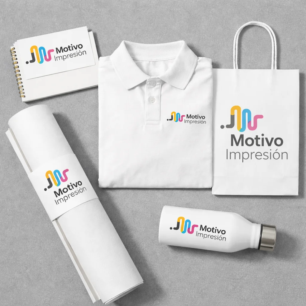 Material corporativo y merchandising personalizado con el logotipo de Motivo Impresión en ropa, bolsas y soportes gráficos
