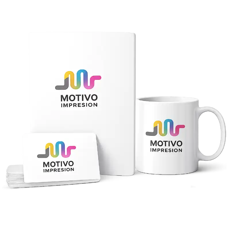 Productos corporativos personalizados con el logotipo de Motivo Impresión: carpeta, tarjeta, bolígrafo y taza impresos con acabado profesional