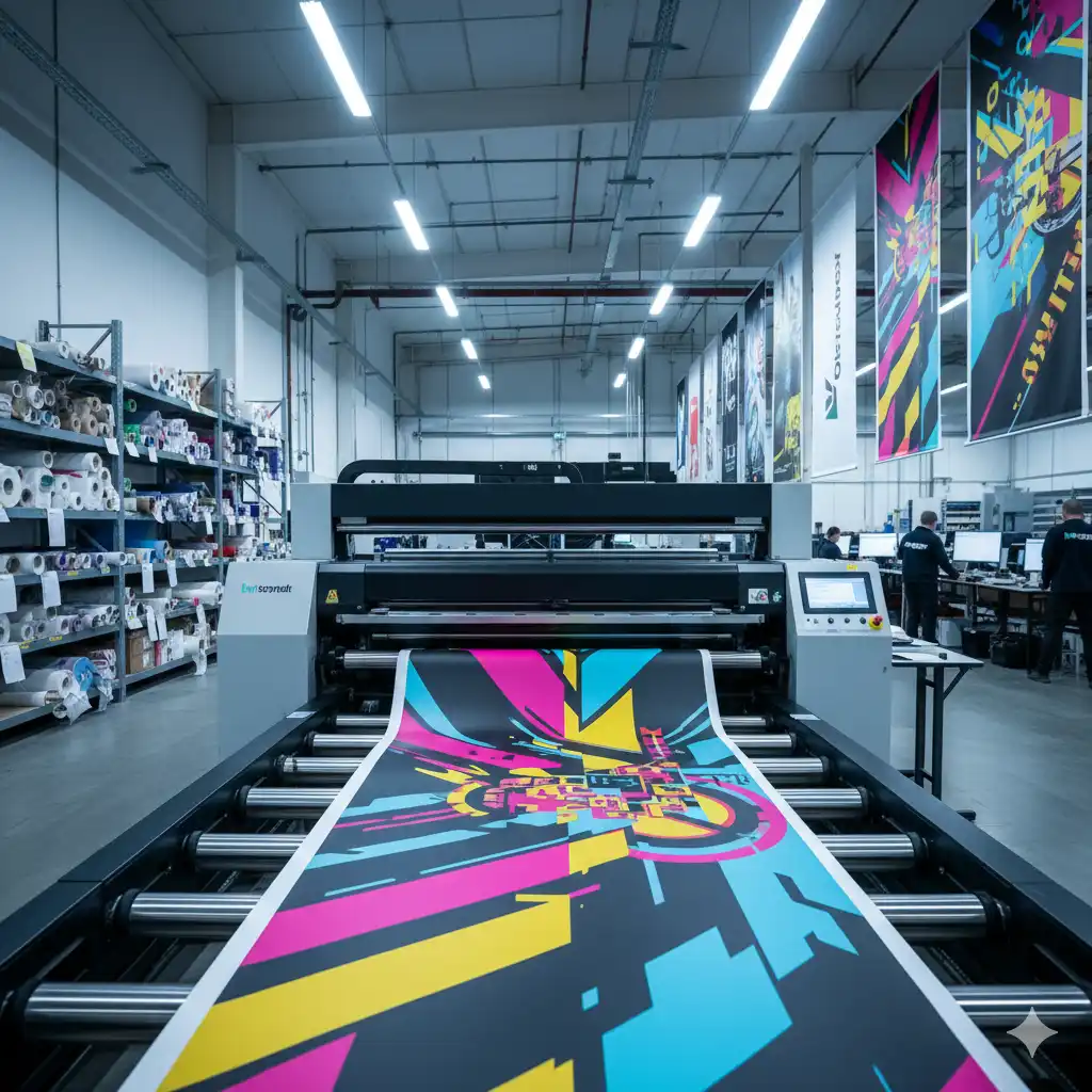 Detalle del proceso de impresión en gran formato con materiales resistentes y alta calidad